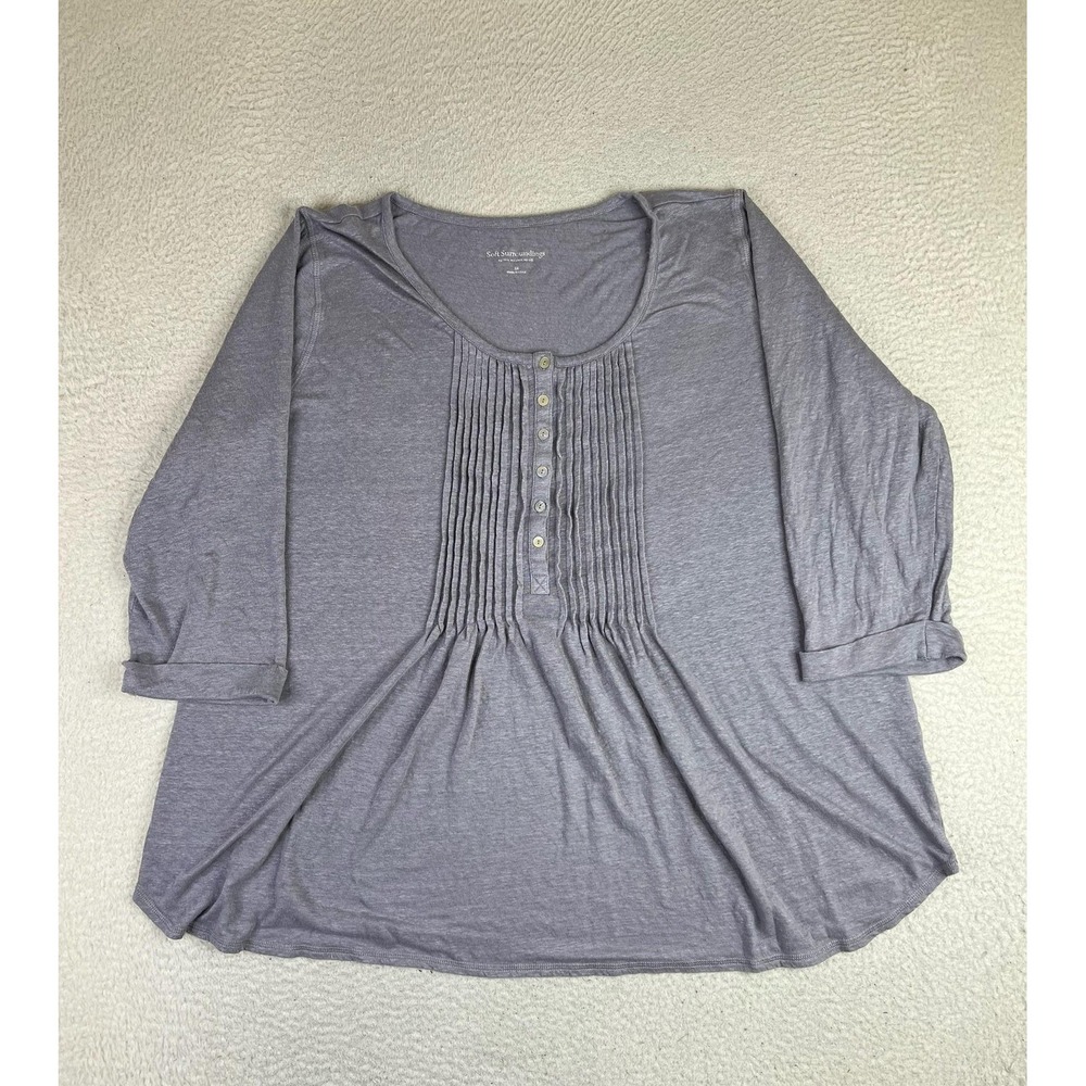 Soft Surroundings Womens 3X Gray Linen 3/4 Sleeve Pleated Tunicβ Top 56528